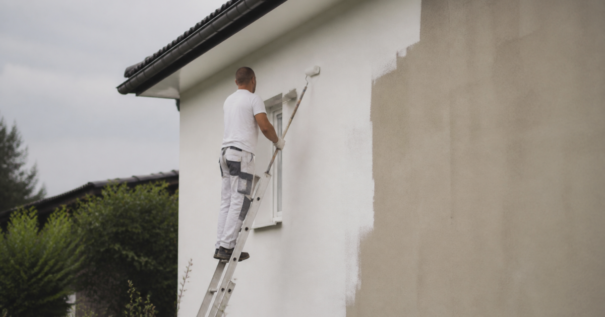 Ouvrier repeint mur blanc maison echelle appuyee