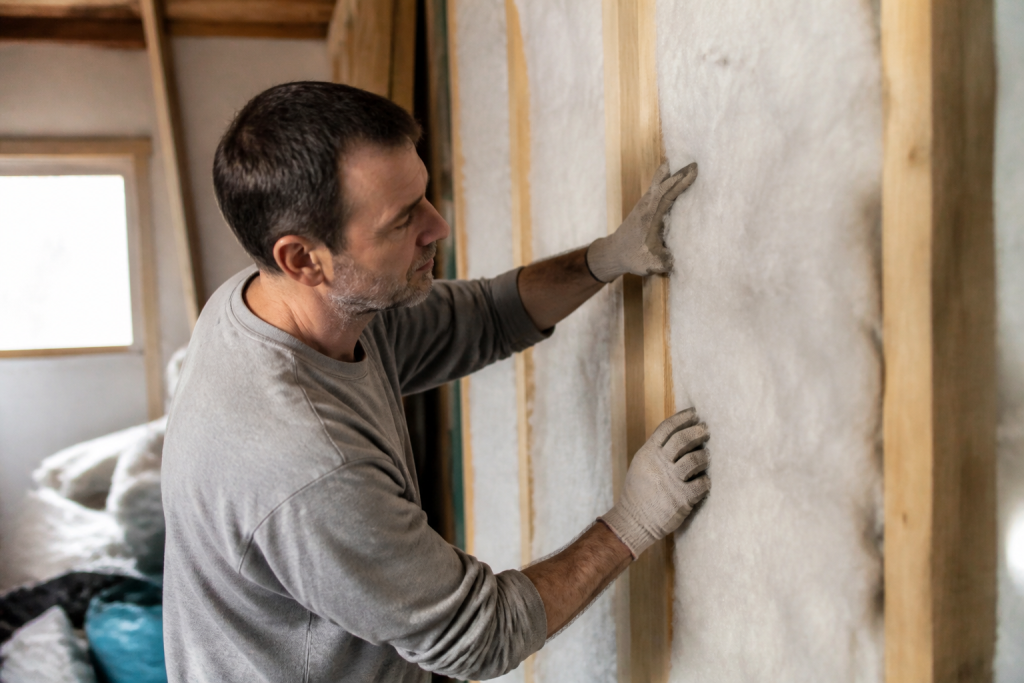 Ouvrier isolant mur avec matériau fibreux blanc