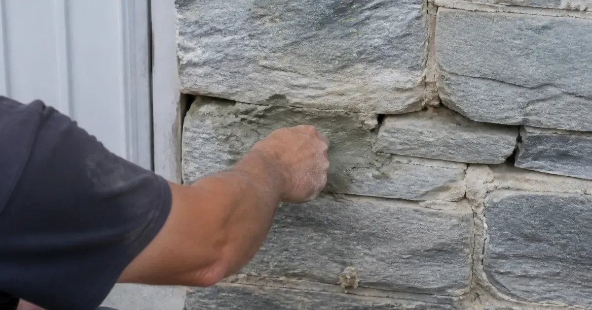 Main remplissant une large crevasse dans facade pierre grise