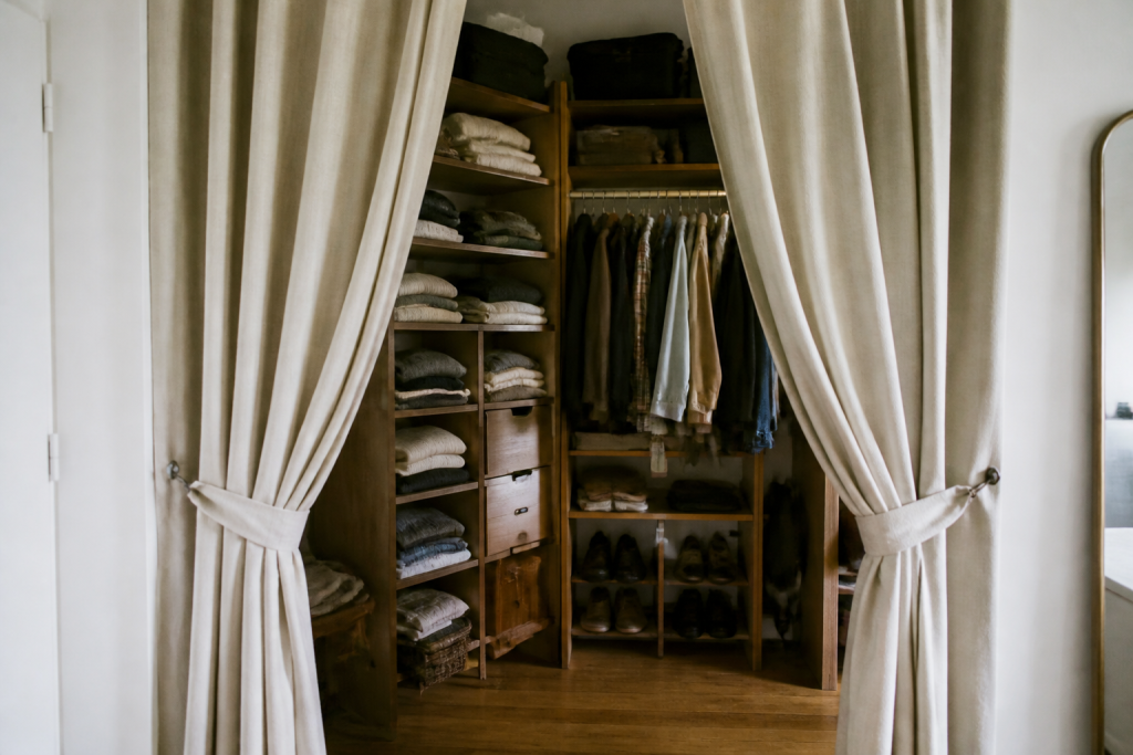 Rideau elegant encadrant ouverture dressing rangement vetements