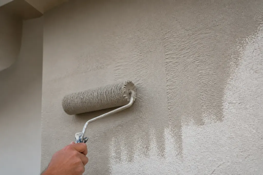 Rouleau peinture poils courts laissant traces sur mur crépi
