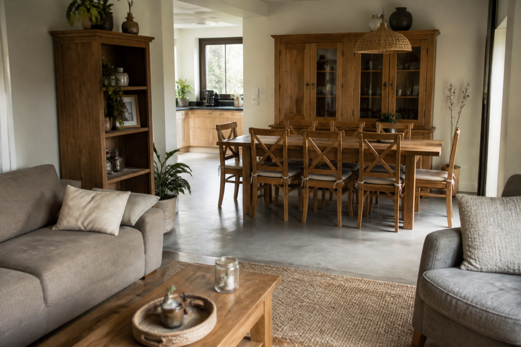 Salon salle a manger avec mobilier bois coordonne et palette couleurs unifiee