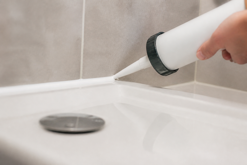 Cartouche silicone blanche appliquee sur joint douche carrelage