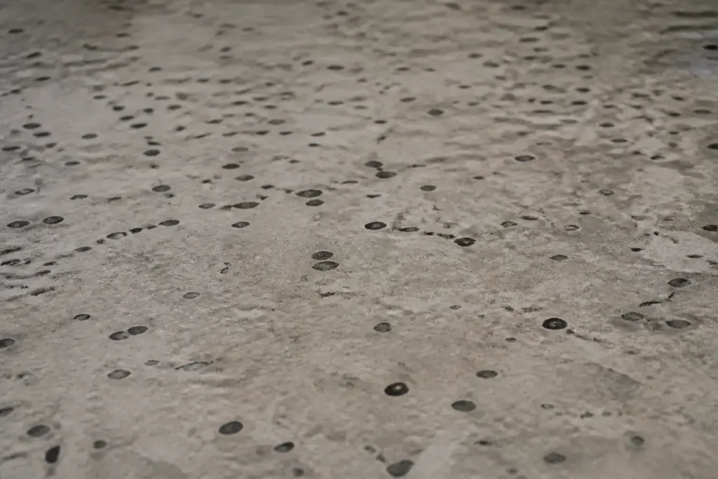 Taches noires incrustees sur surface beton decoratif