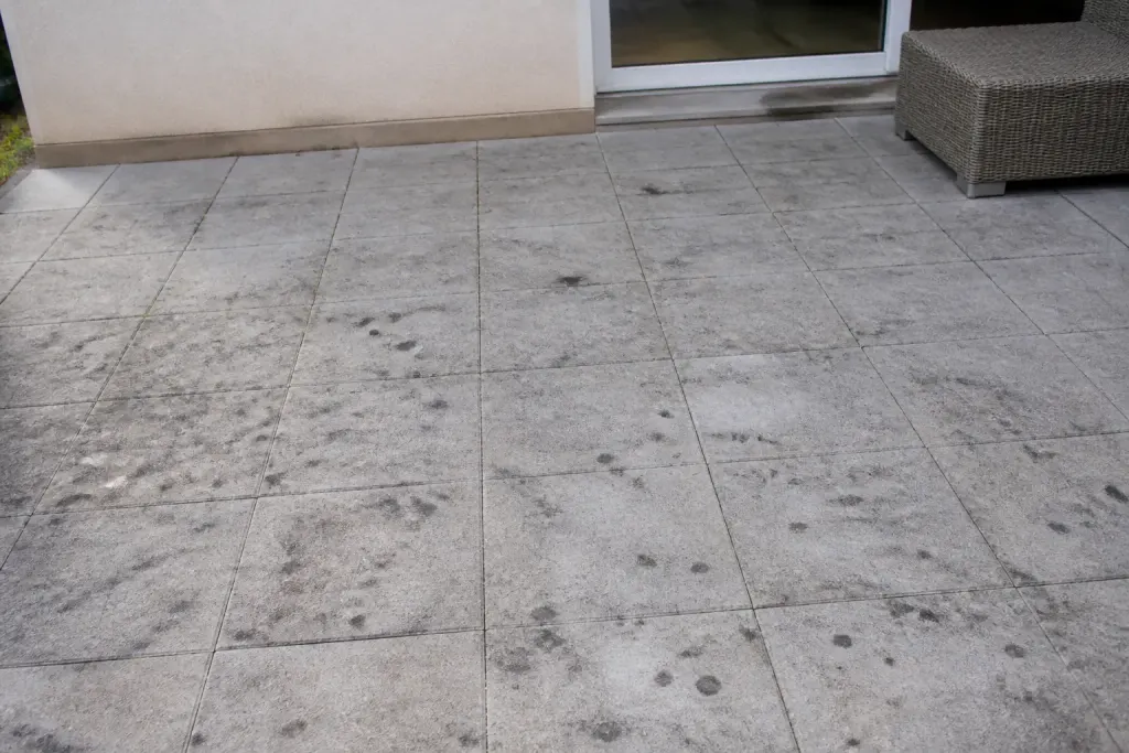 Terrasse grise avec taches noires avant nettoyage