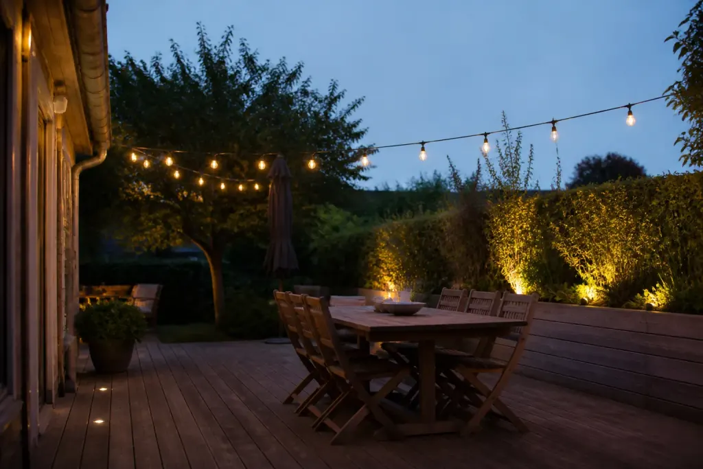 Terrasse decor guirlandes lumineuses et spots sol encastres