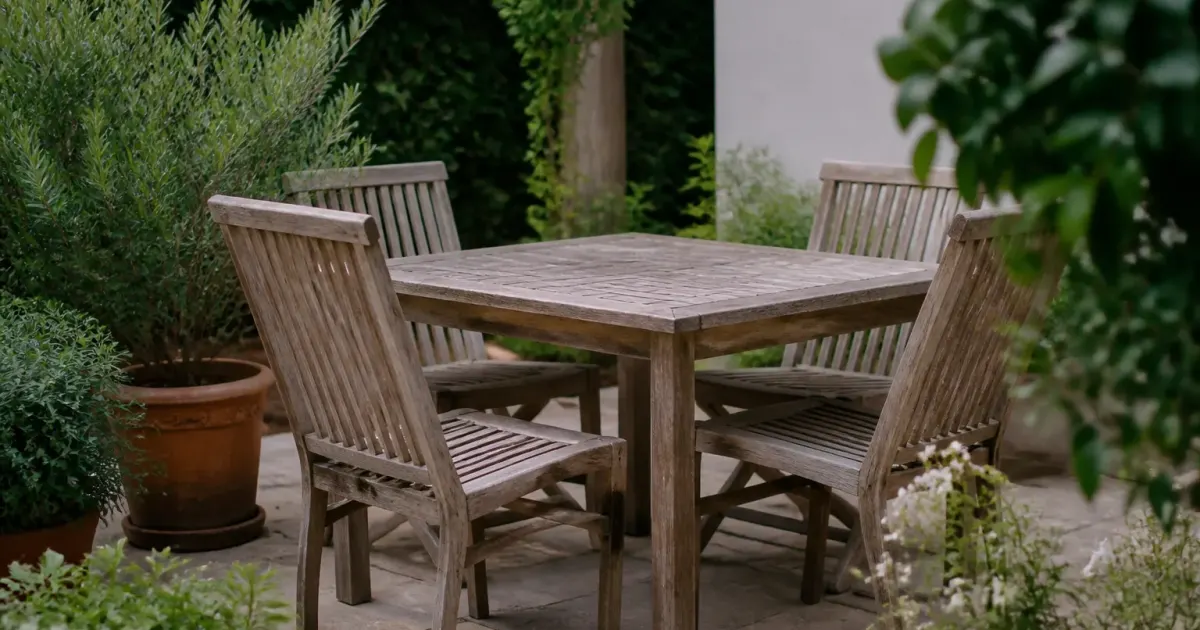 Mobilier en bois dispose sur terrasse pave avec plantes