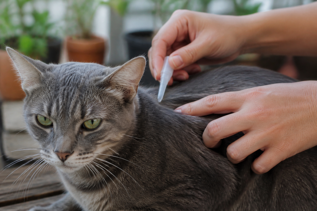 Chat recevant pipette antiparasitaire sur sa nuque