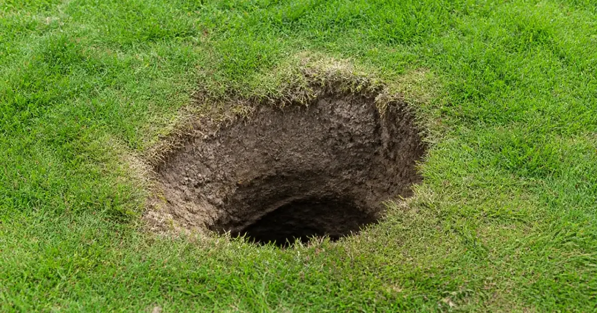 Pelouse verte avec trou creuse profondeur visible au sol