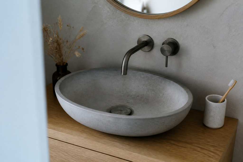 Vasque béton ciré gris sur meuble bois clair