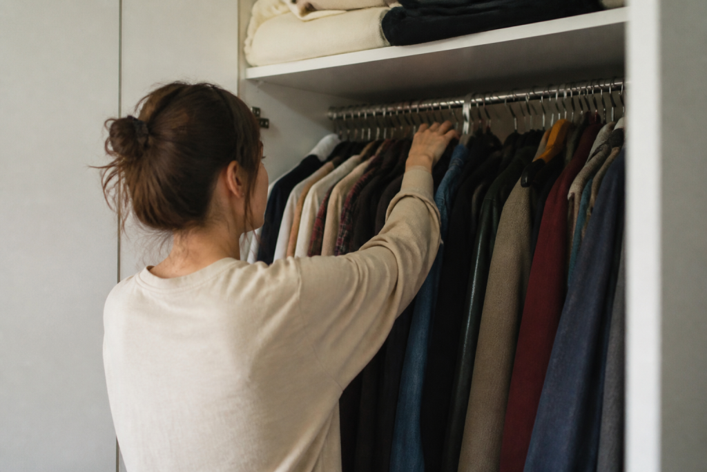 Vetements ranges sur cintres dans armoire profonde