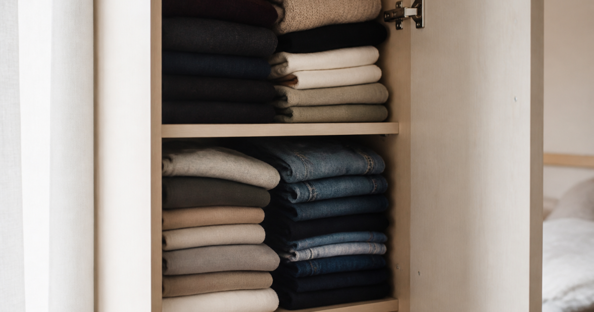 Vetements plies ranges verticalement dans armoire ouverte