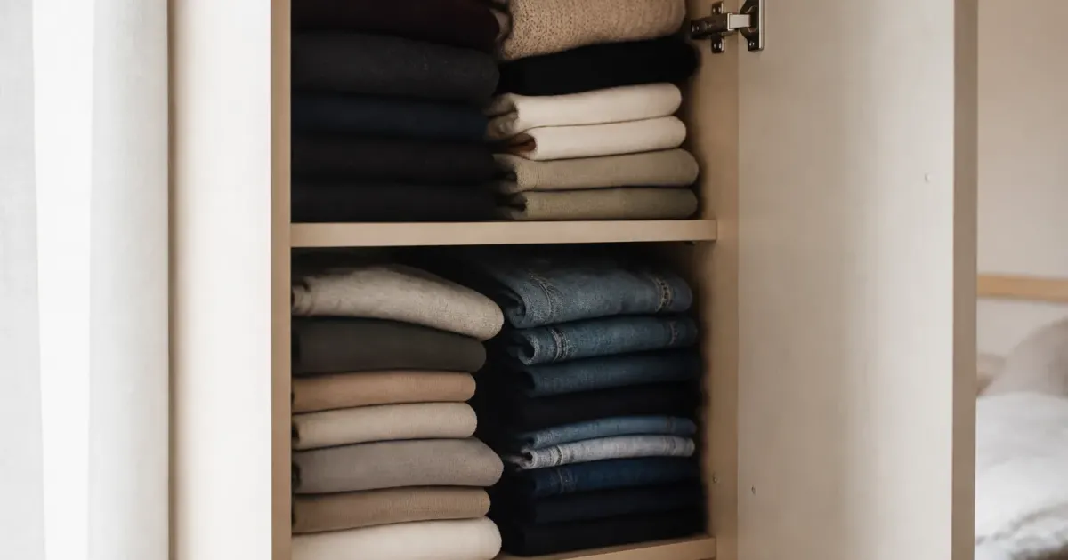 Vetements plies ranges verticalement dans armoire ouverte